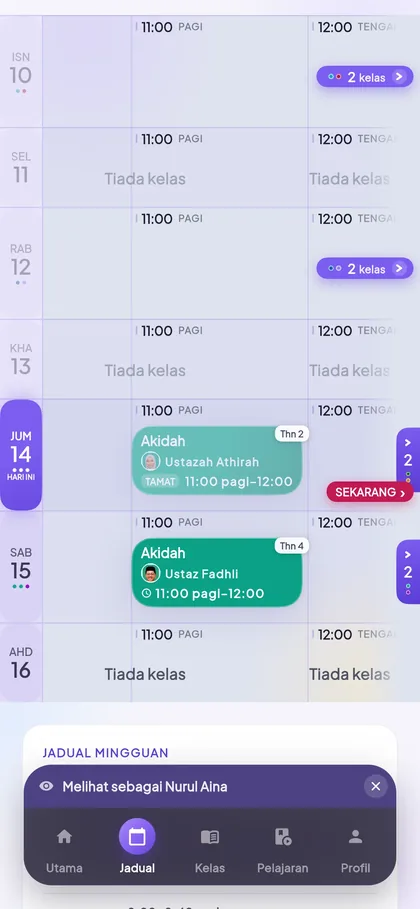 Skrin jadual mingguan KAFA Boost, menunjukkan kelas mengikut hari.