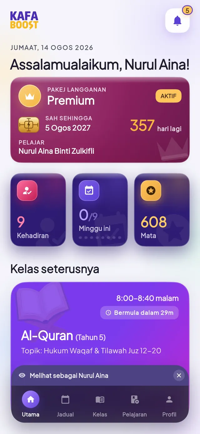 Skrin utama app KAFA Boost.