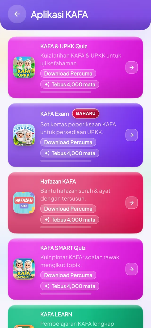 Skrin aplikasi KAFA yang boleh ditebus dengan mata ganjaran.